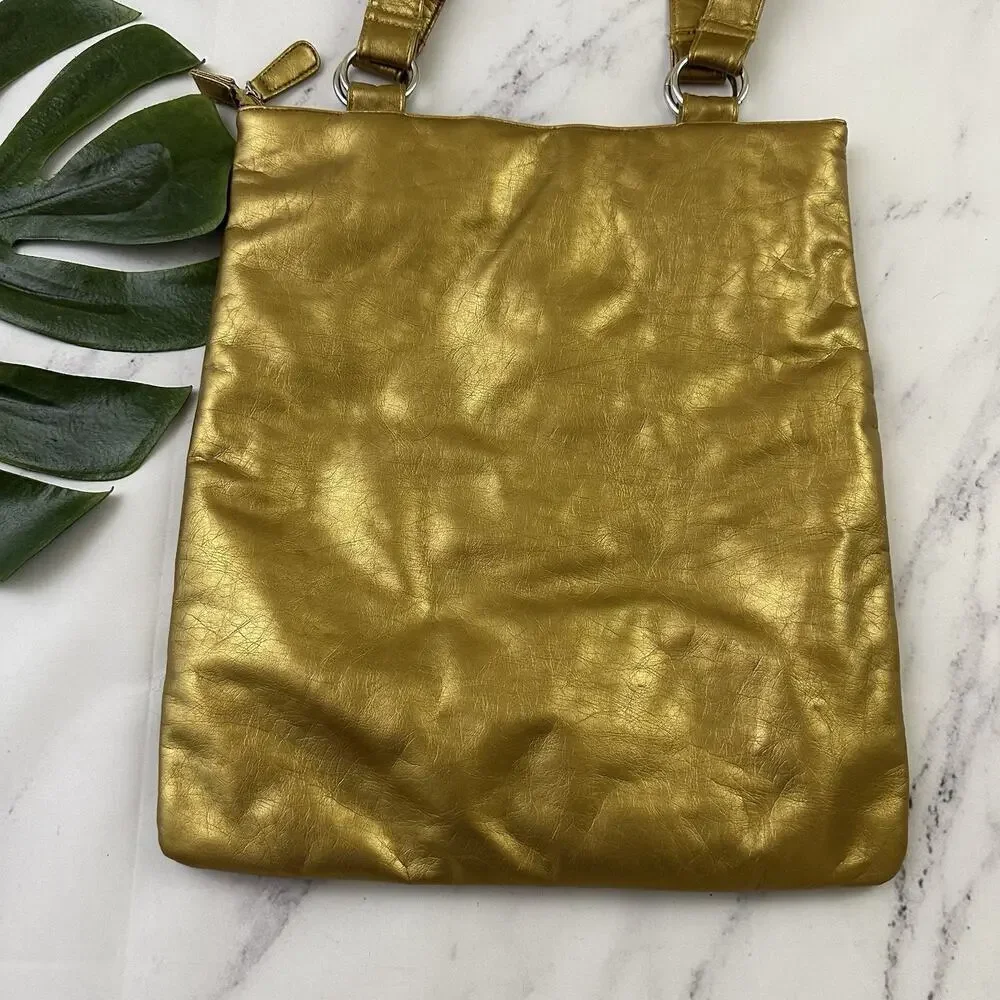 Disney Vintage Y2k Tinkerbell Tote Bag Purse Gold Faux Leather Metallic